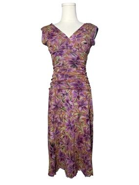 90s Vintage Purple Floral Mesh V Neck Ruched Drop Waist Dress Preppy Party